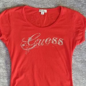 GUESS t shirt red with silver angel wings sz M